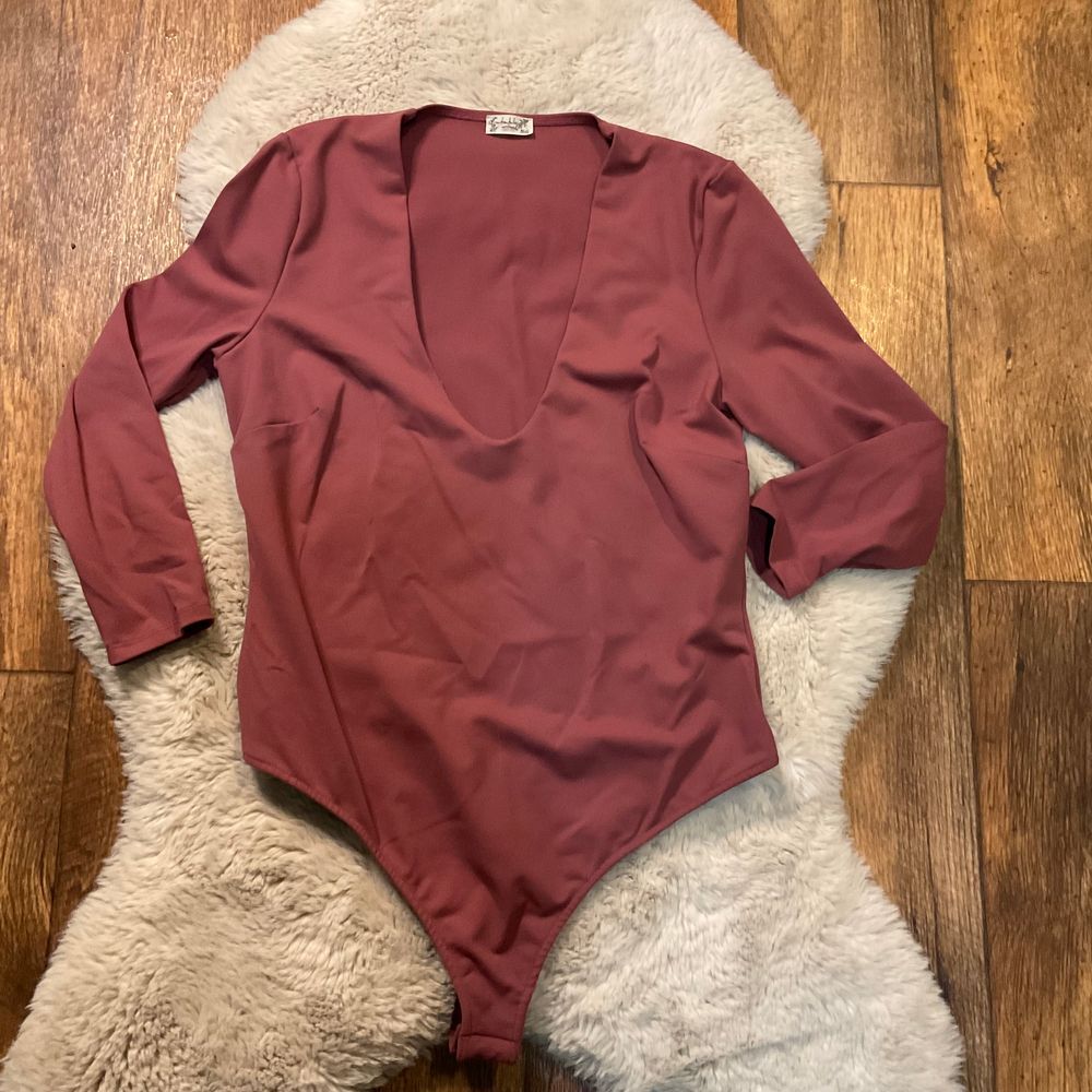 Free People Deep V Long Sleeve Bodysuit in Dusty Rose